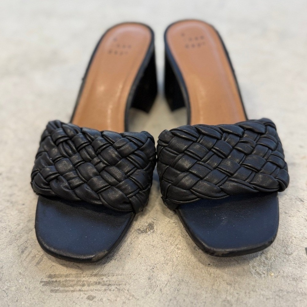 A New Day Braided Block Heel Sandals Women 6 Black Good Square Toe Mules